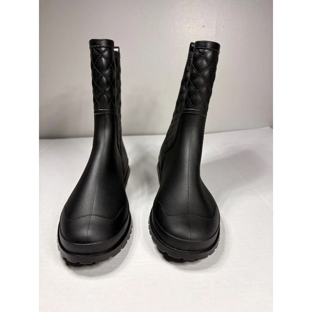 Black Quilted Rubber Rain Boots Mid Calf Waterproof Lug Sole Matte Size 41 913